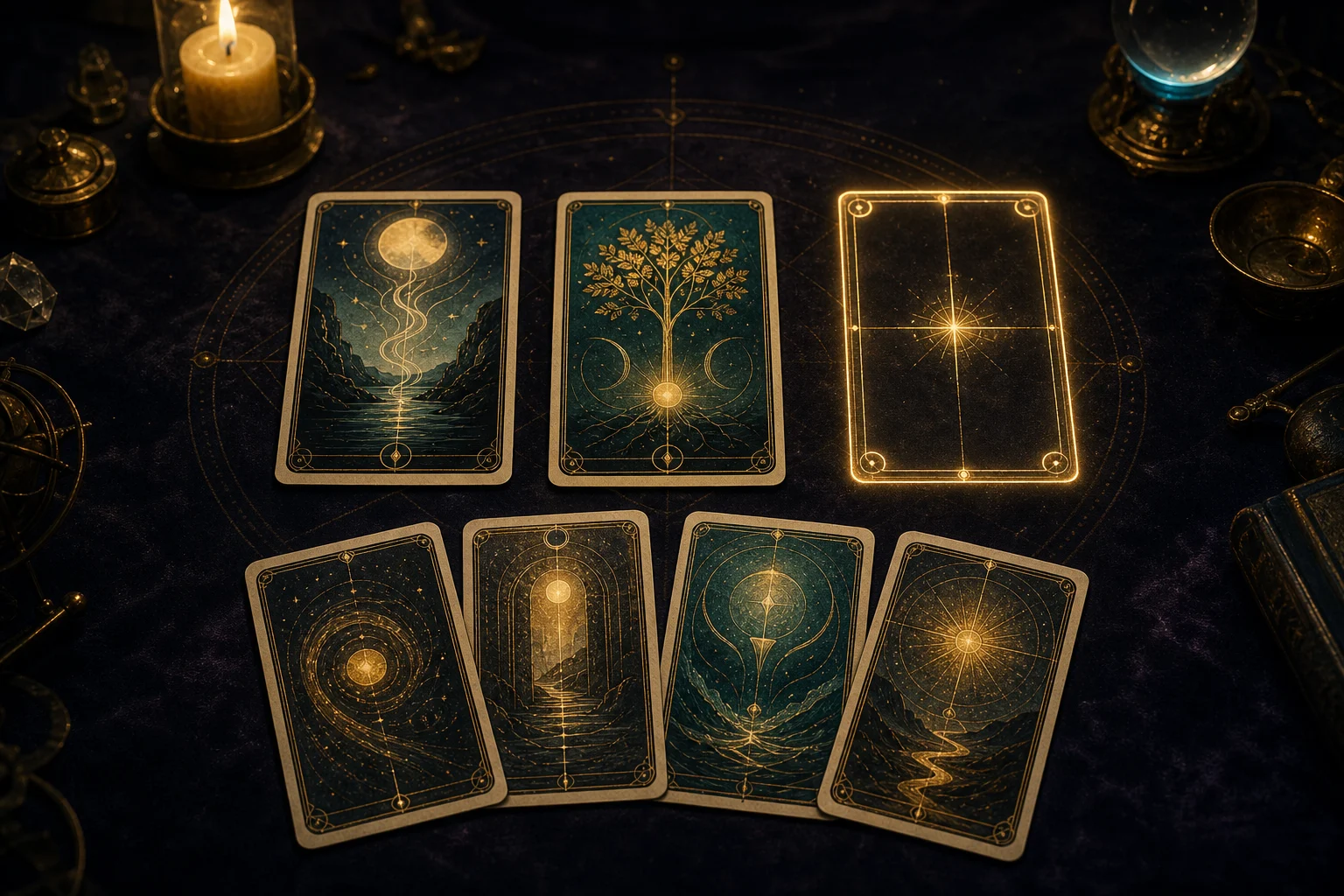 Tiragem noturna com duas cartas abertas, um terceiro espaço iluminado e quatro respostas possíveis