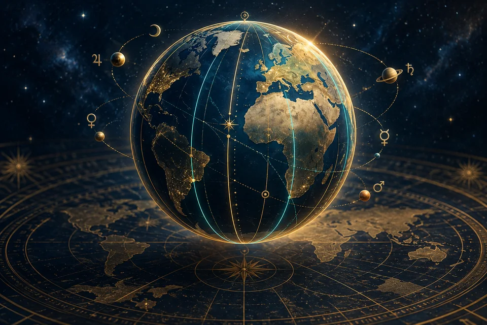 Globo terrestre azul percorrido por linhas planetárias douradas