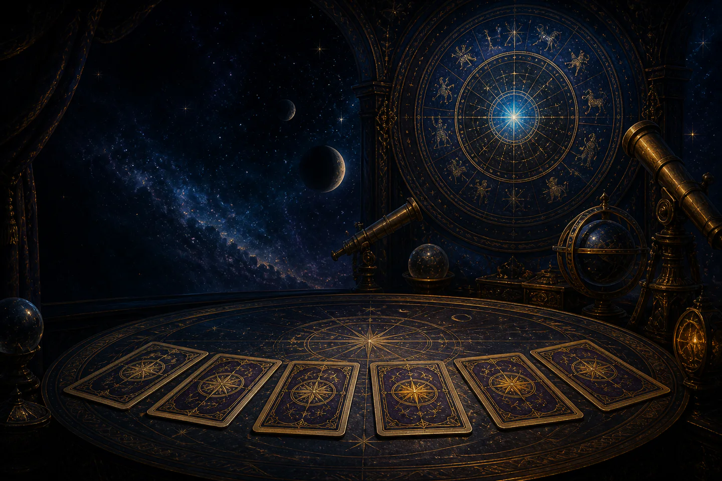 Mesa celeste com sete cartas do Tarot Astrológico