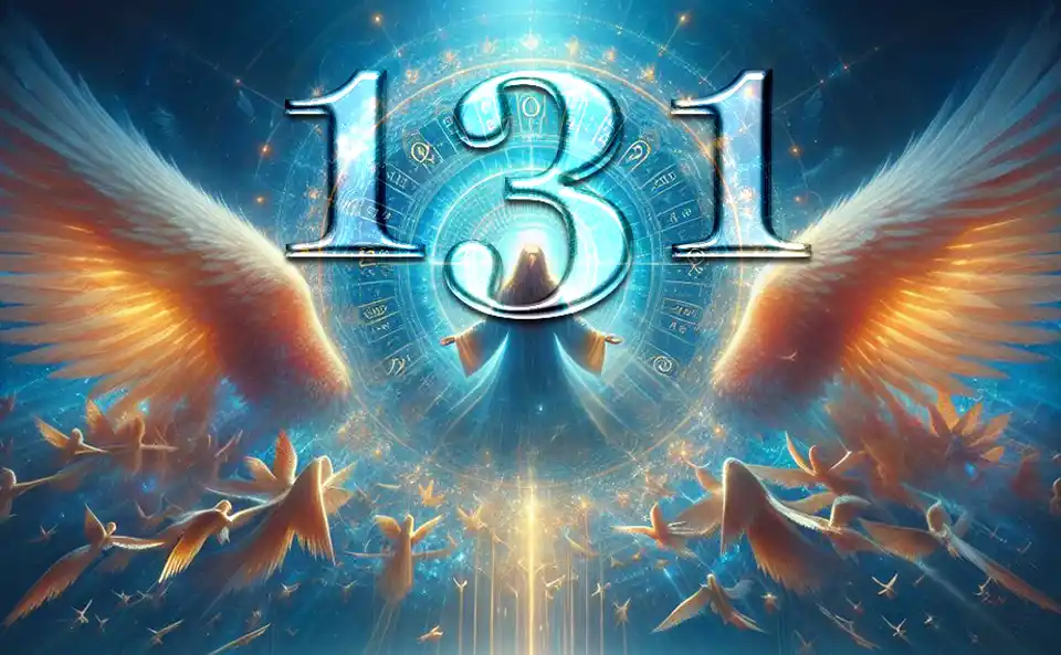 Design cósmico com número 131 e asas de anjo simbolizando orientação espiritual