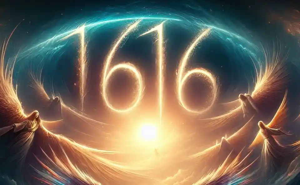 Número de anjo 1616 com fundo celestial e aura brilhante