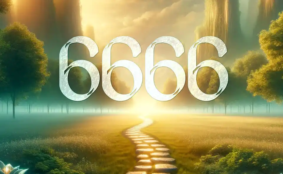 Figuras angélicas etéreas em um reino celestial com o número 6666 resplandecendo entre nuvens e estrelas.