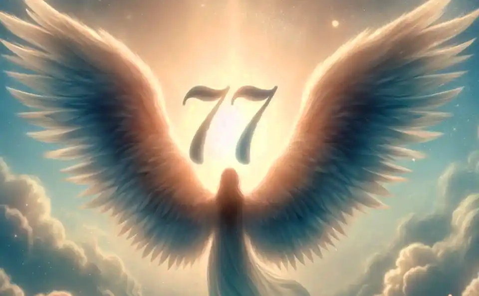 Número Angelical 77 iluminado em um ambiente celestial pacífico